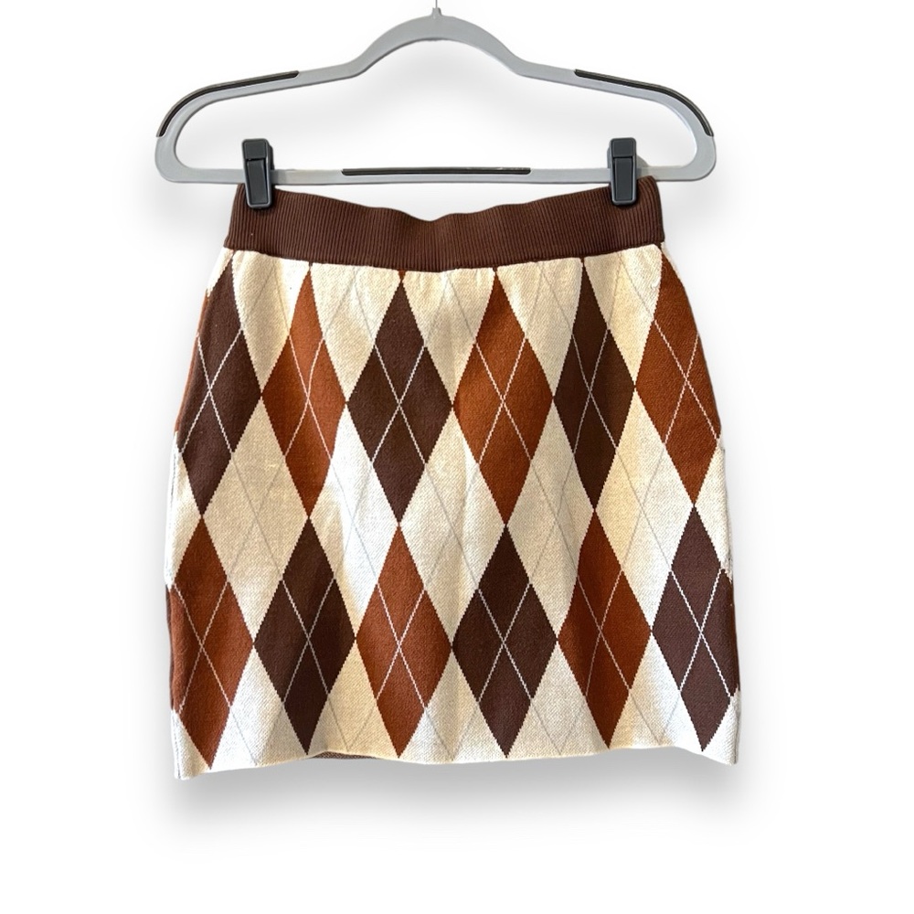 NWT Emory Park Argyle Brown and White Mini Skirt